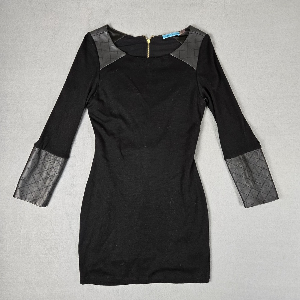 Alice Olivia Mini Dress Womens Large Black Wool Lamb Leather Patches *READ